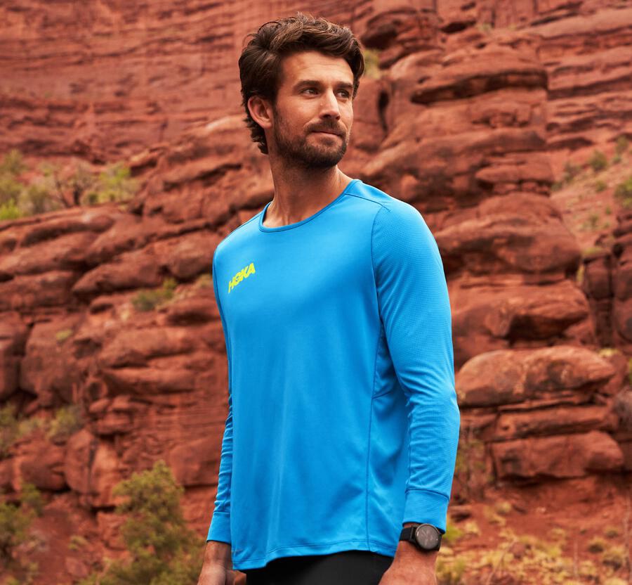 Top Hoka One One Hombre - Performance 3/4 Sleeve - Azules - JLK504689